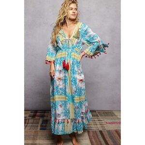 POL Beach Inspired Tassel Cotton Maxi Dress Blue White Coral Starfish LARGE